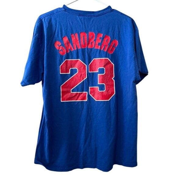 Ryne Sandberg Blue T SHIRT Jersey Chicago Cubs #23 Adult Measured Cooperstown - Picture 2 of 11
